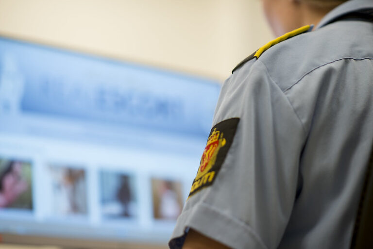 Illustrtasjonsfoto av politibetjent som ser på PC-skjerm.